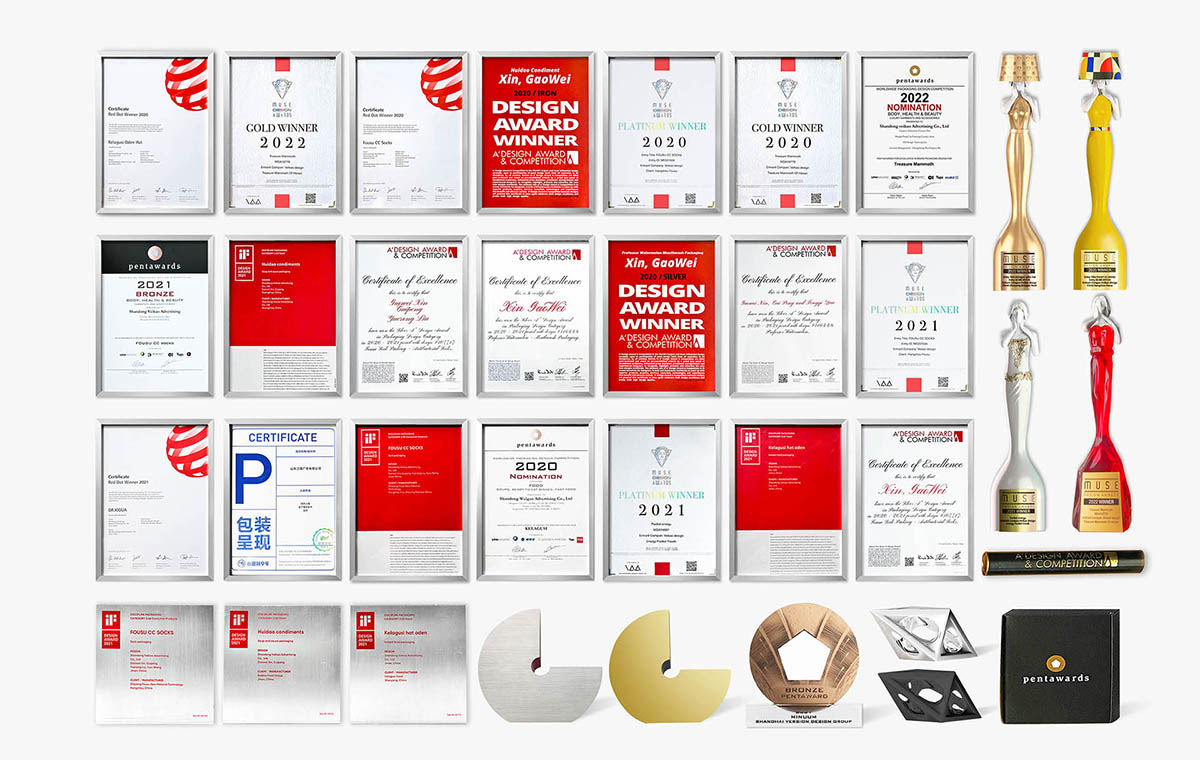 卫高就获得了德国红点奖Reddot award-3项、德国iF设计大奖iF Design Award-3项、美国MUSE奖最高奖-铂金奖-2项、金奖-1项、英国Pentawards奖-2项、意大利A’DESIGN银奖-2项、A奖-1项、美国Graphis金奖-2项、银奖-2项等18项